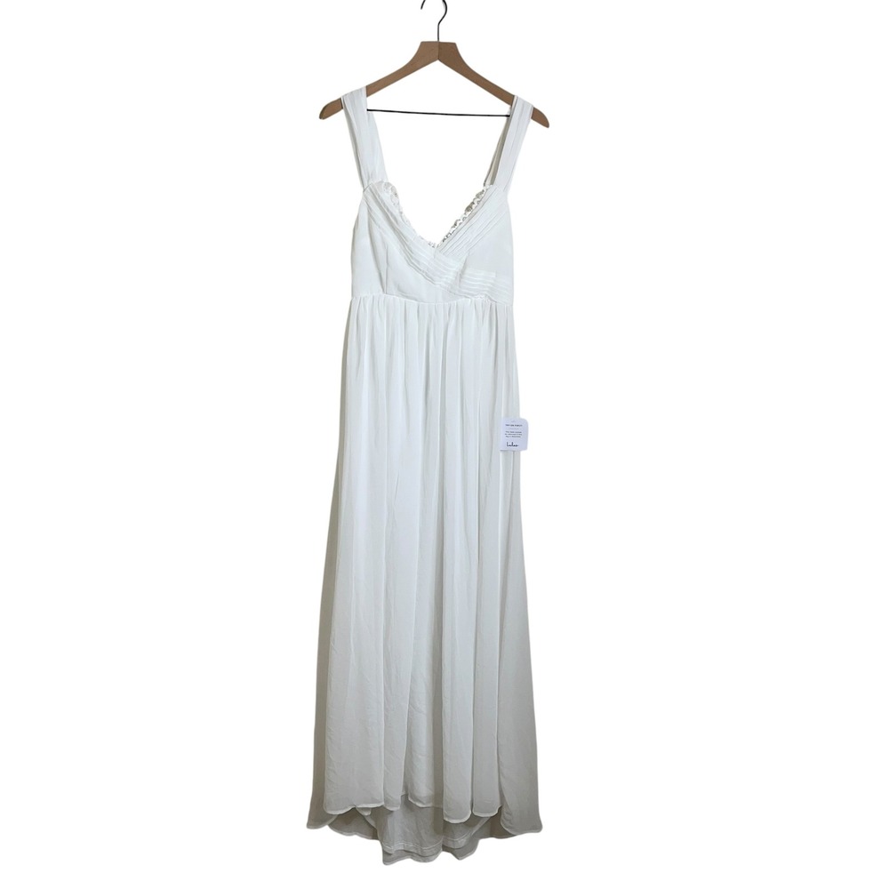 Lulus Dress Womens M‎ White Lace Trim Pleated Surplice Chiffon Wedding Gown NEW